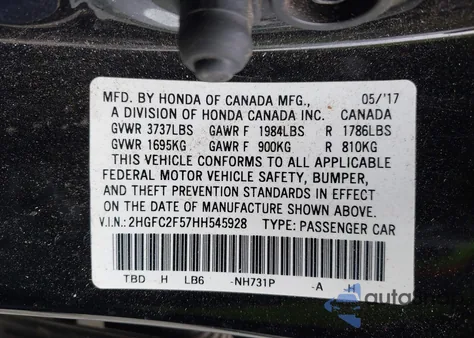 2017 Honda Civic Lx from USA, damaged, VIN 2HGFC2F57HH545928